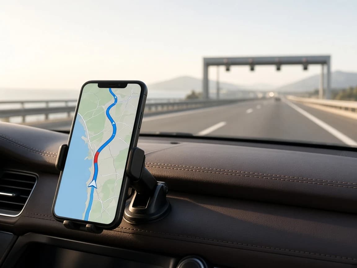 Phone navigation map on a rental car dashboard with a Salik gate ahead on the highway