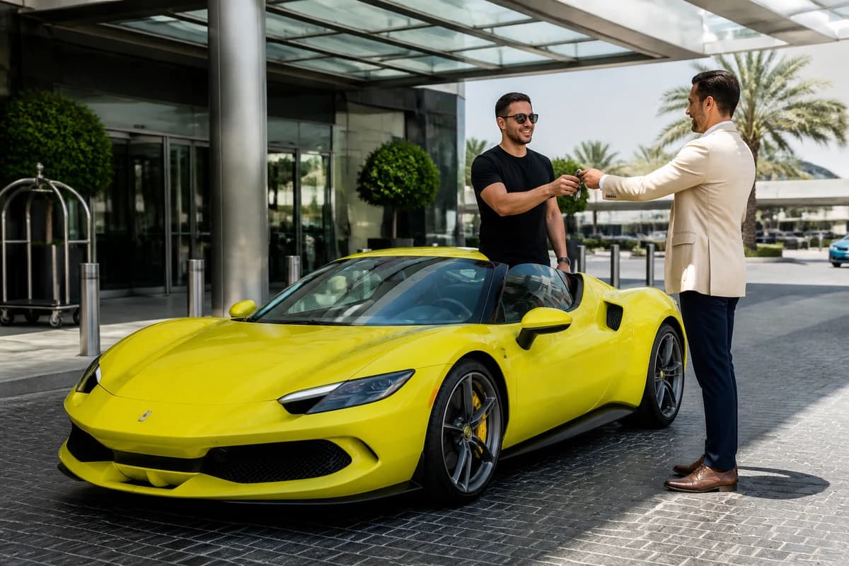 Ferrari 296 GTB at a Dubai airport canopy for daily supercar rental handover