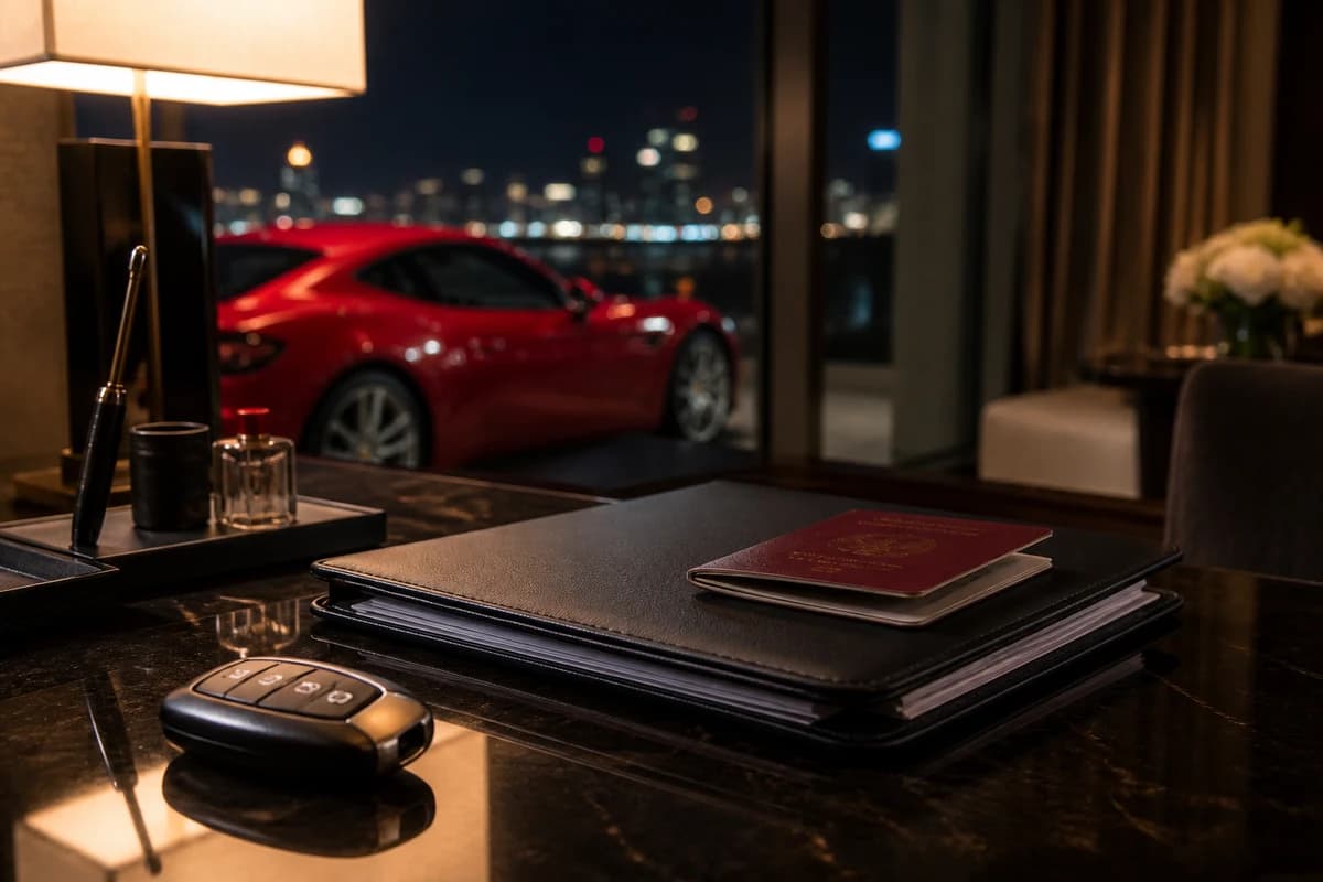 Supercar rental quote still life with keys, passport, and contract on a Dubai hotel desk