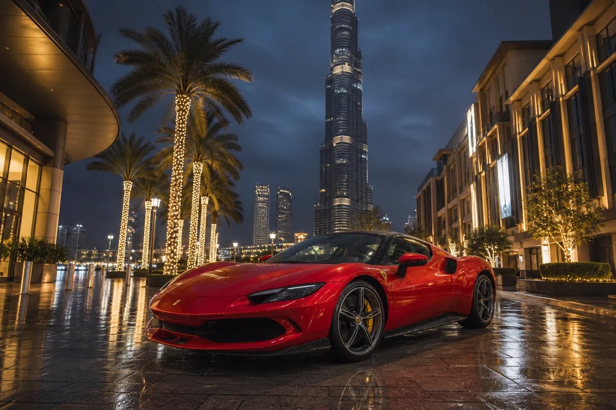 Ferrari 296 GTB on a Downtown Dubai street at twilight for Ferrari rental cost planning
