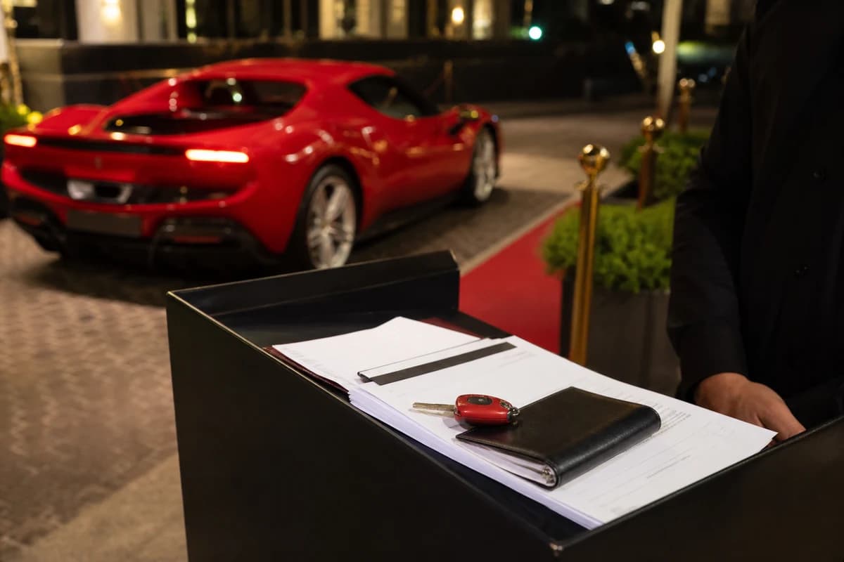 Ferrari key and rental paperwork on a hotel valet podium before self-drive handover