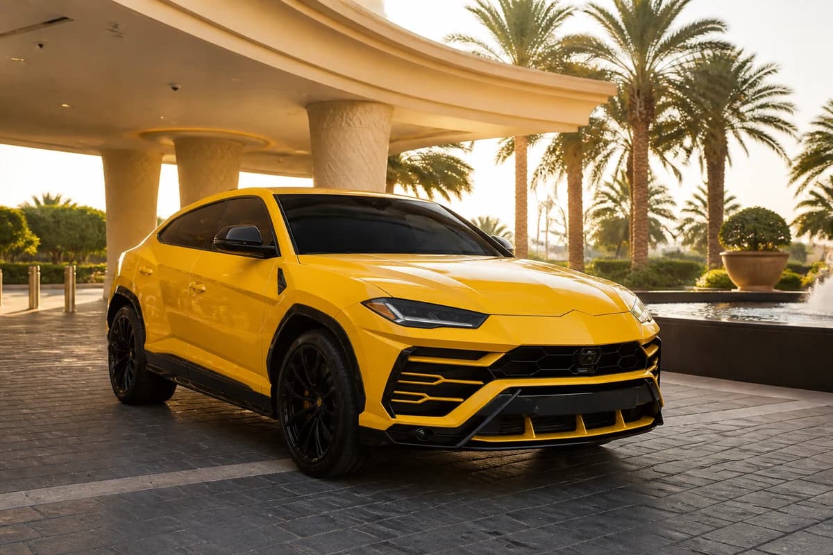 Lamborghini Urus at a Palm Jumeirah hotel valet for Lamborghini SUV rental Dubai