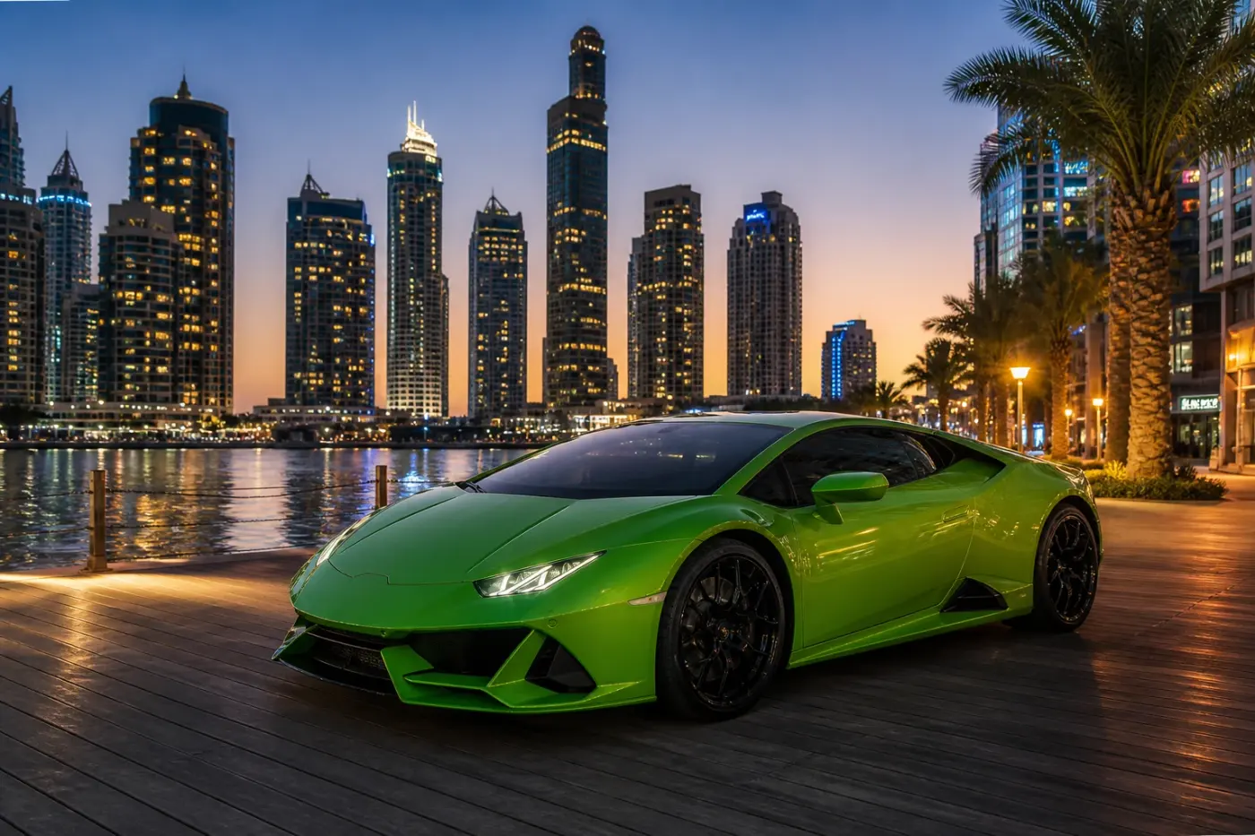 Lamborghini rental Dubai hero with a Huracan coupe at Dubai Marina waterfront at dusk