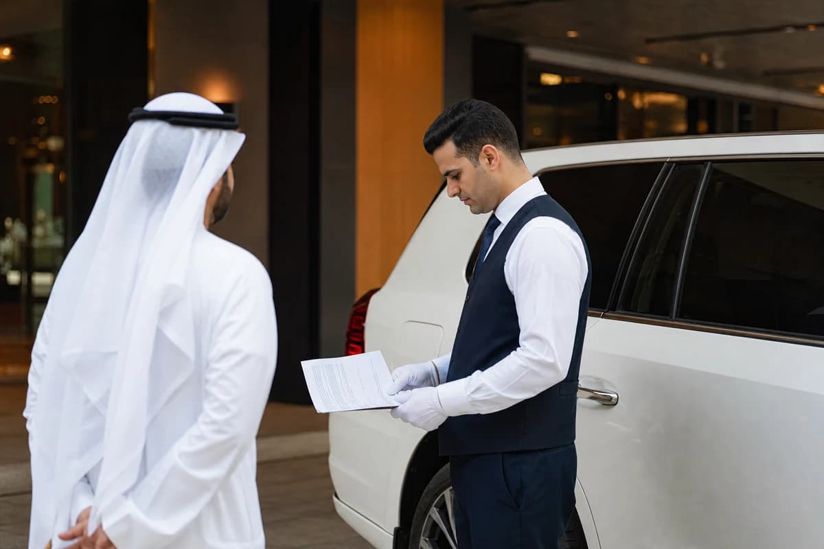 Hotel valet reviewing a rental contract beside a luxury SUV at a Dubai hotel entrance