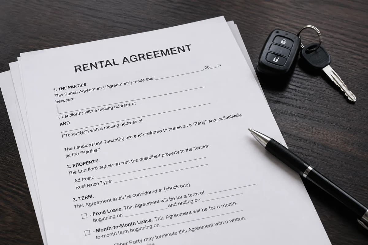 Close-up of a car rental contract, pen, and keys on a desk before payment