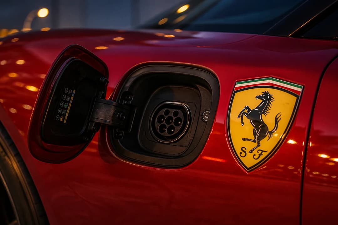 Ferrari SF90 hybrid charge-port detail for hybrid vs petrol supercar rental Dubai identity