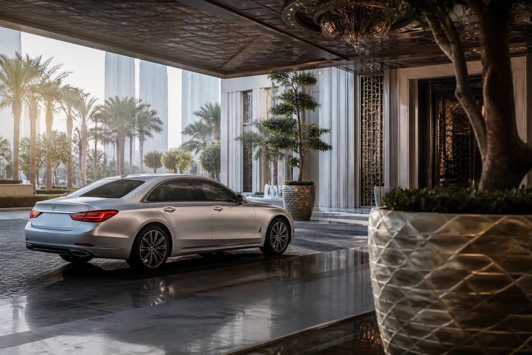 Luxury car rental Dubai January morning: silver sedan at a five-star porte-cochère in cool winter light