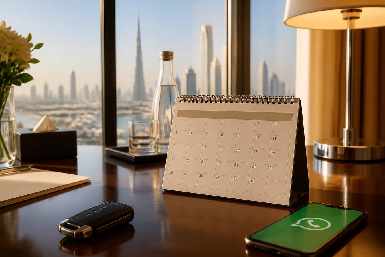 January luxury car rental Dubai: early January calendar and keys on a hotel desk after New Year peak