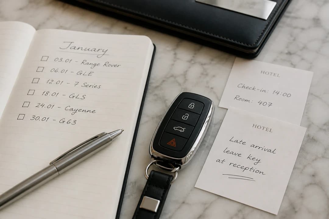 Dubai car hire January checklist: dates and hotel door notes beside keys before supercar rental Dubai booking