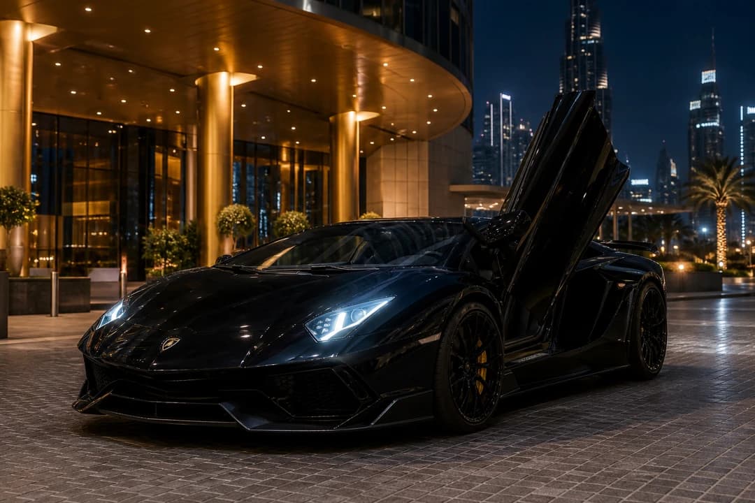 Lamborghini Aventador with scissor door raised at a Downtown Dubai hotel entrance after sunset