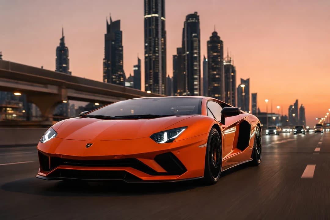 Rent Lamborghini Aventador Dubai: orange Aventador on Sheikh Zayed Road at dusk for exotic car rental Dubai presence