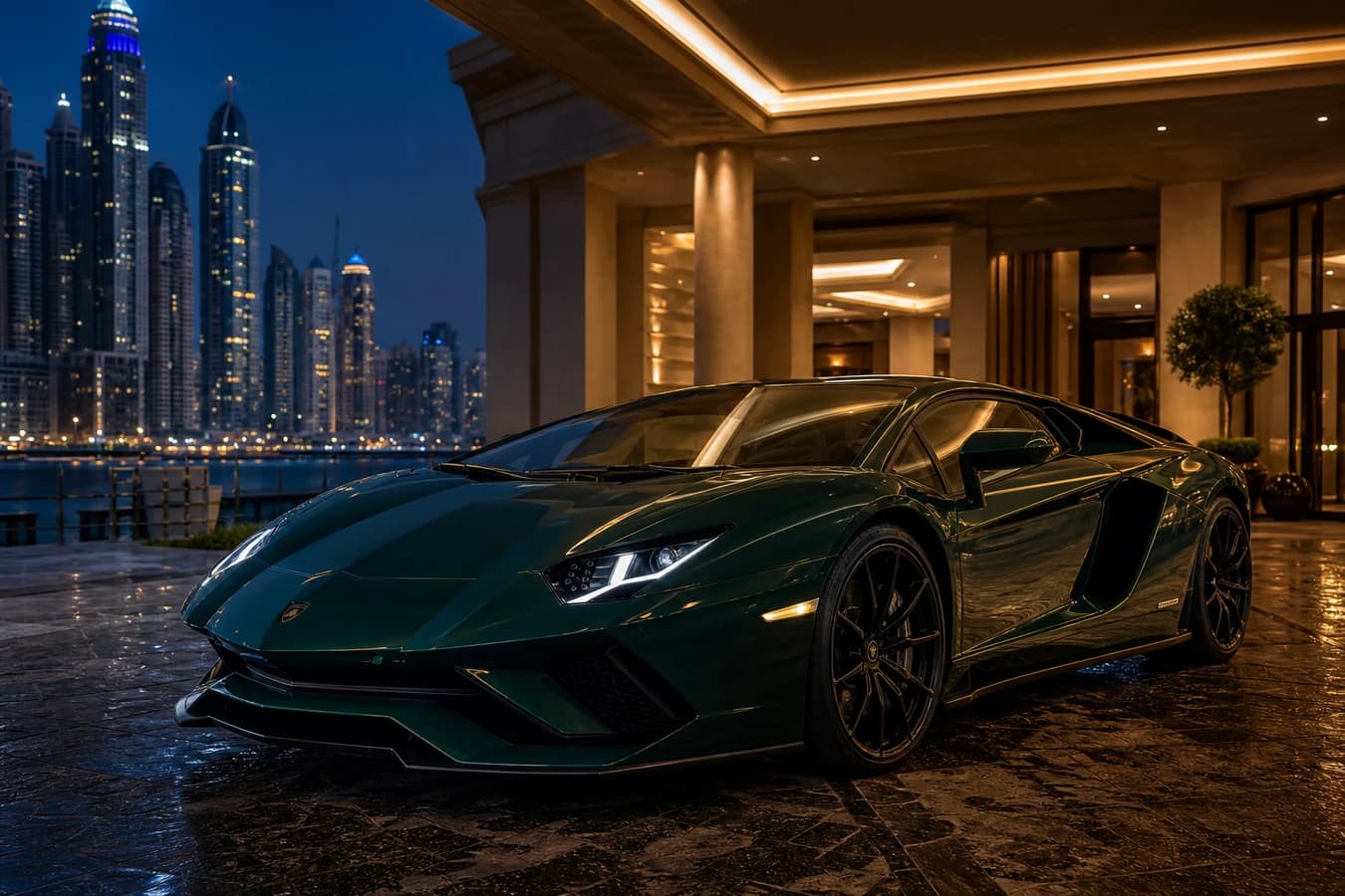 Lamborghini Aventador rental Dubai: dark green Aventador coupe at a Marina hotel porte-cochère at blue hour