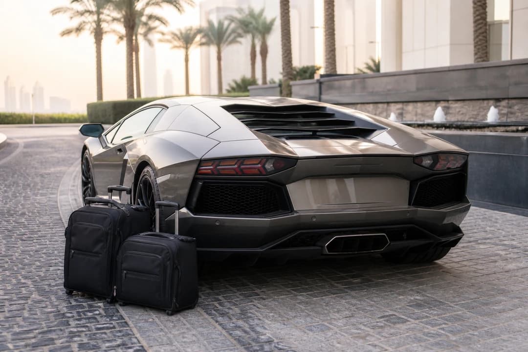 Soft overnight bags beside a Lamborghini Aventador for rent Lamborghini Aventador Dubai packing honesty