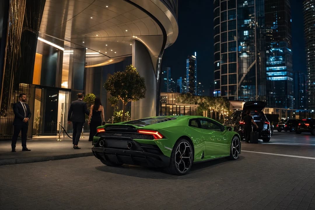 Lamborghini Huracan EVO Coupe at Business Bay tower podium for event arrival rental Dubai experiences