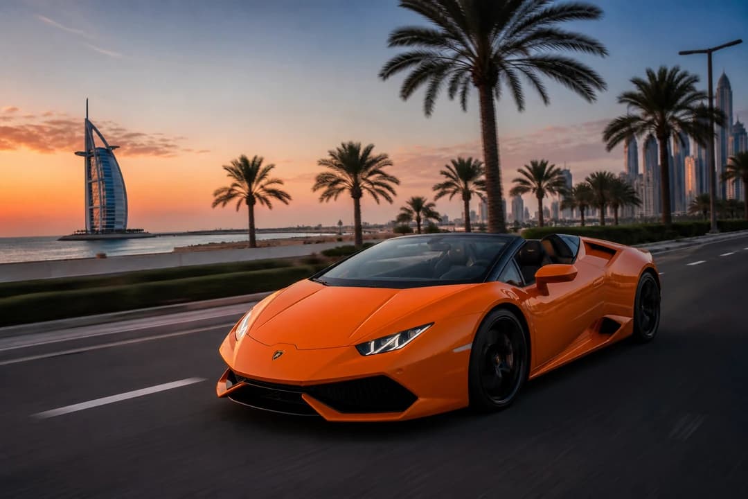 Rent Lamborghini Huracan Spyder Dubai: orange Spyder on a coastal road at dusk for exotic car rental Dubai