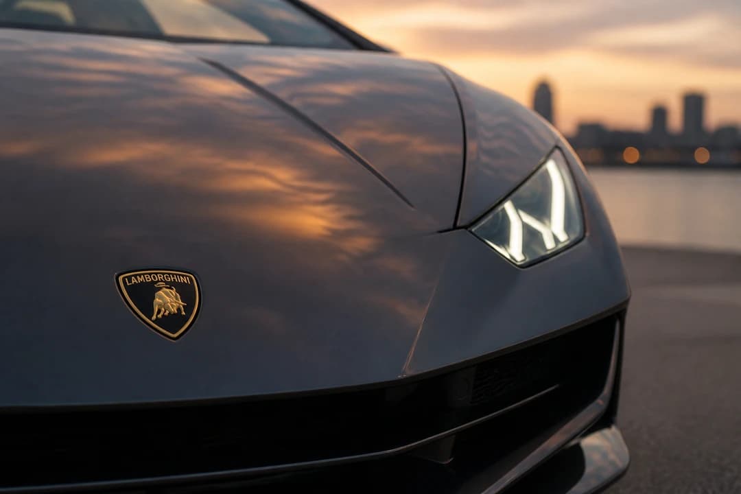 Lamborghini badge and Y-shaped LED detail for Lamborghini Huracan Spyder rental Dubai identity
