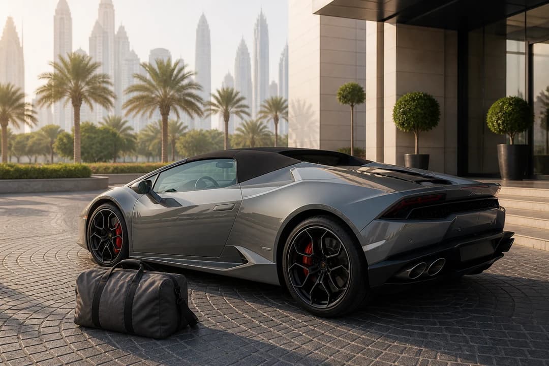 Soft bag beside a Huracán Spyder with roof up for rent Lamborghini Huracan Spyder Dubai packing honesty