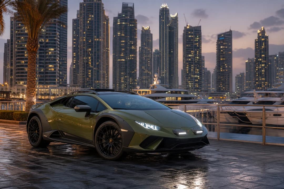 Lamborghini Huracán Sterrato at Dubai Marina waterfront for exotic car rental Dubai evening arrivals