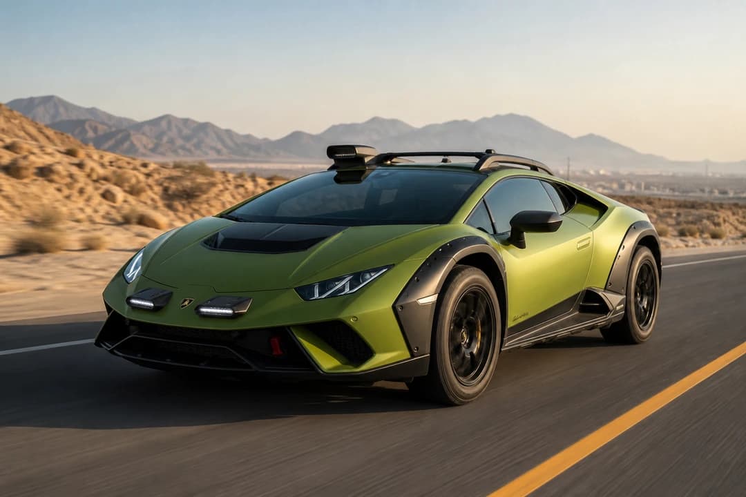 Lamborghini Huracán Sterrato on a UAE desert highway for rent Lamborghini Huracan Sterrato Dubai road plans