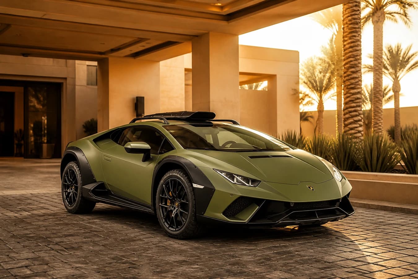 Lamborghini Huracan Sterrato rental Dubai hero with raised rally-green Huracán at a desert resort porte-cochère