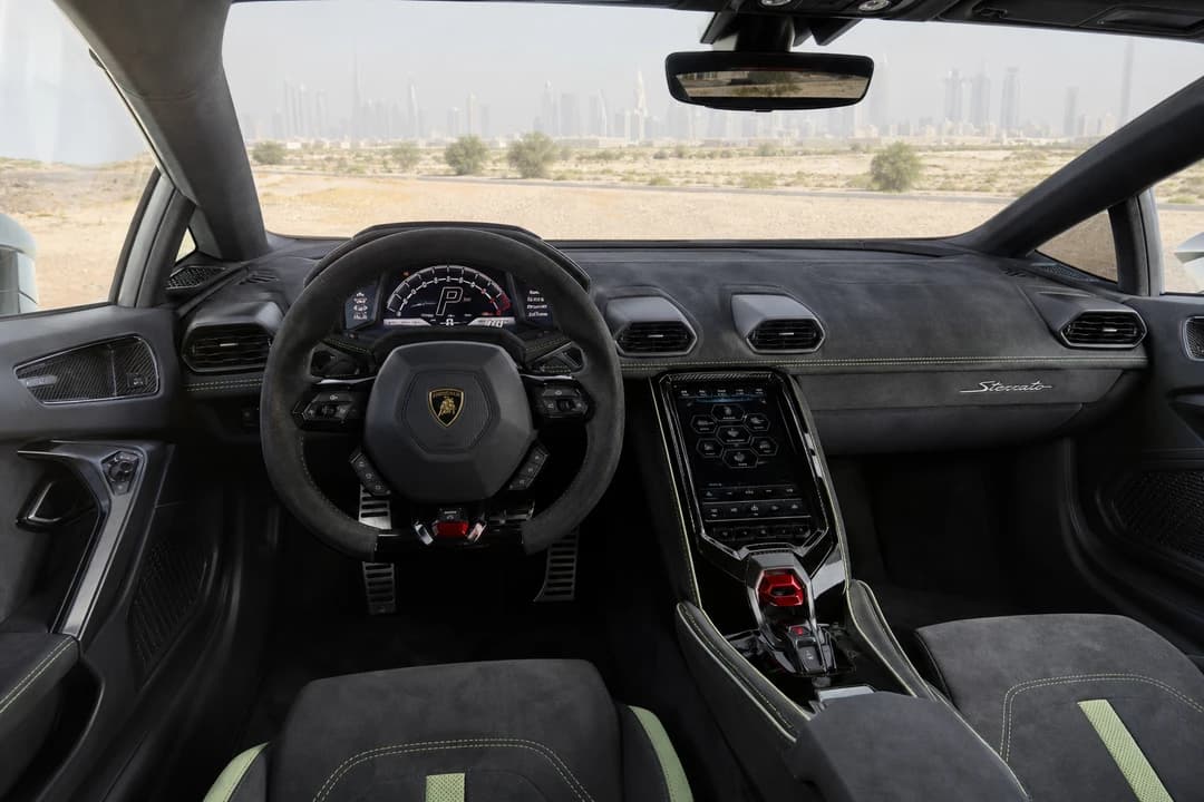 Lamborghini Huracán Sterrato cockpit for Lamborghini Sterrato hire Dubai driver-focused two-seat weeks