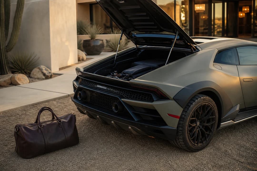 Lamborghini Huracán Sterrato raised wheel arch and soft travel bags for luxury car rental Dubai packing honesty