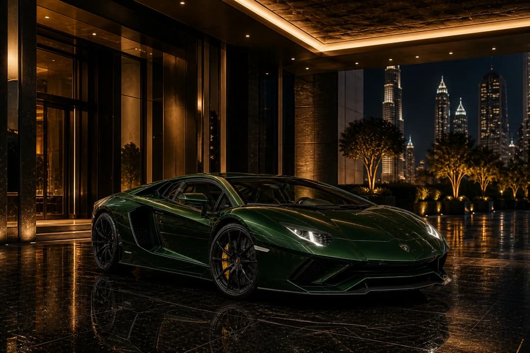 Dark green Lamborghini Aventador at a Downtown Dubai hotel porte-cochère after sunset for supercar rental Dubai drama