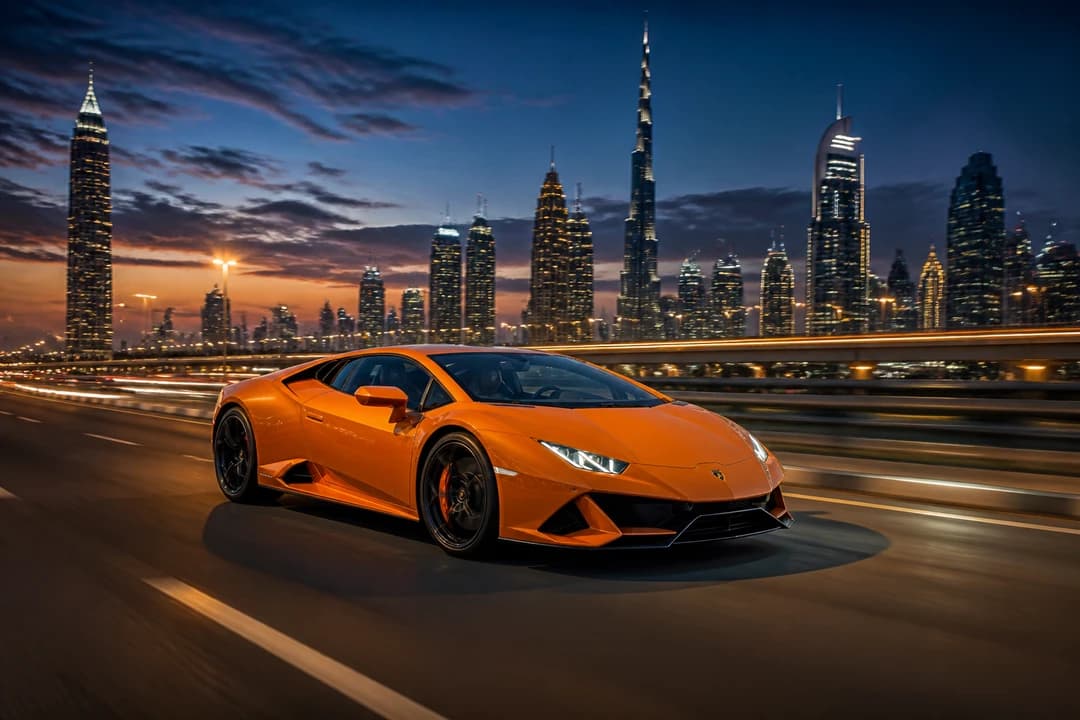 Lamborghini Huracan EVO coupe on Sheikh Zayed Road at blue hour for luxury car hire Dubai city agility