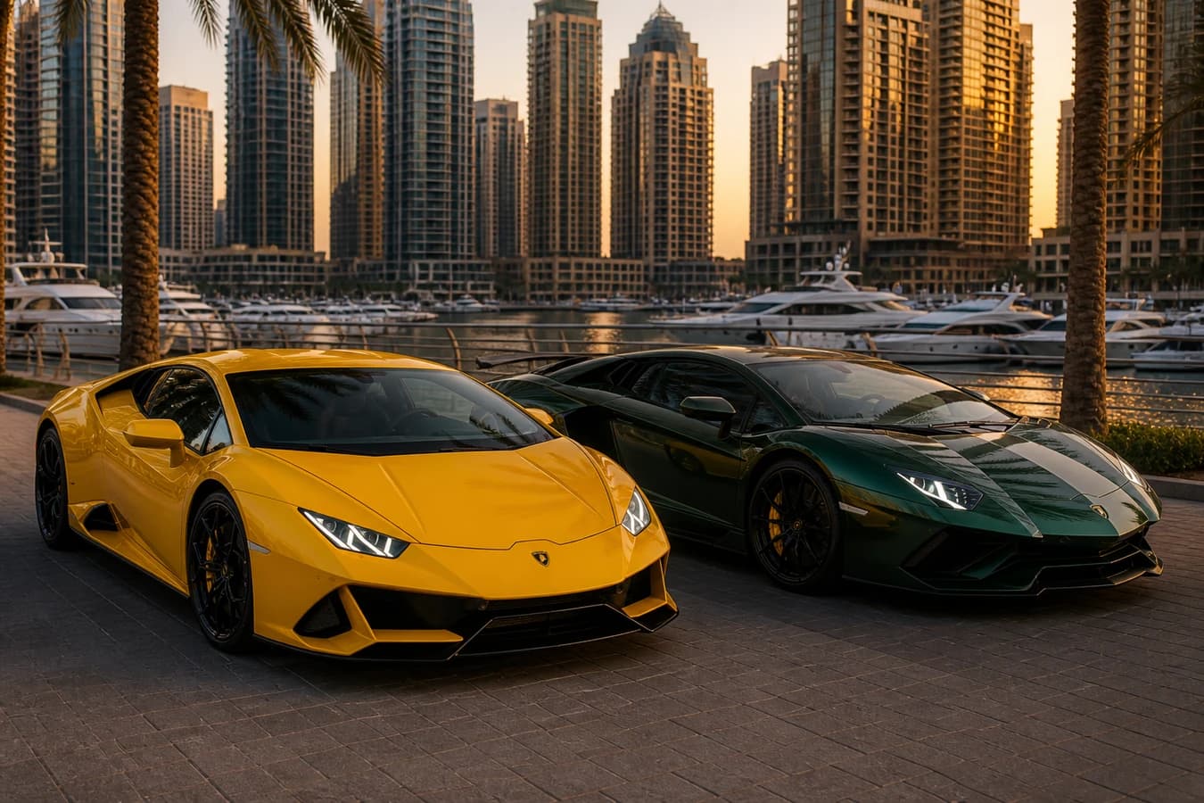 Lamborghini Huracan vs Aventador rental Dubai: yellow Huracan EVO beside green Aventador at Dubai Marina