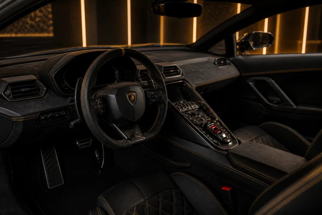 Lamborghini Aventador cockpit with hexagonal vents for best luxury car Dubai V12 theatre