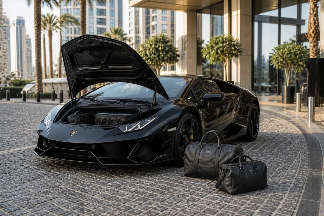 Soft bags beside a Lamborghini Huracan front luggage bay for luxury car comparison Dubai packing honesty
