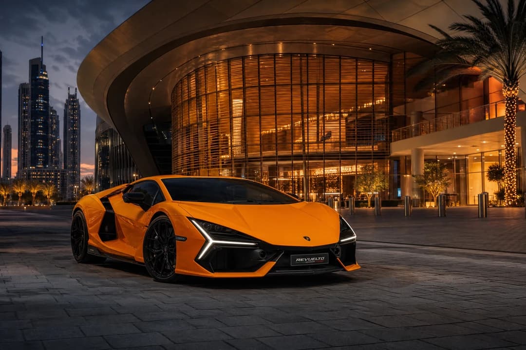 Lamborghini Revuelto at Dubai Opera forecourt arrival for event and high-impact Dubai plans