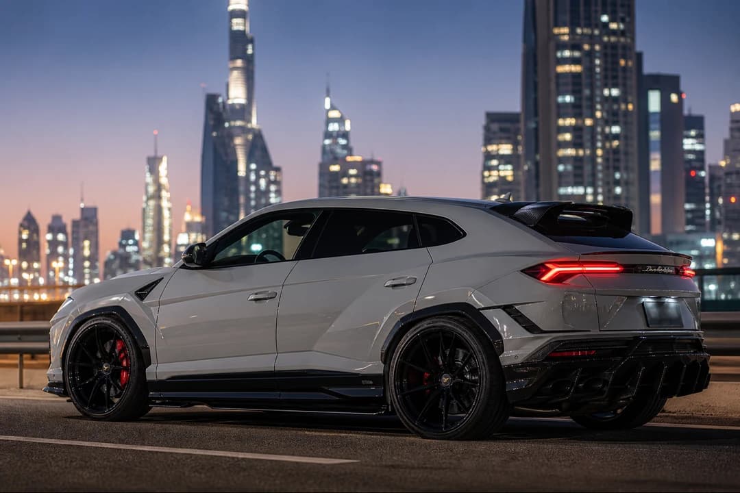 Lamborghini Urus Performante exterior on Sheikh Zayed Road for rent Lamborghini Urus Performante Dubai plans