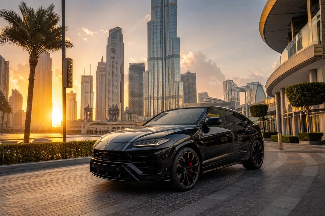 Lamborghini Urus exterior at Downtown Dubai boulevard for rent Lamborghini Urus Dubai city plans