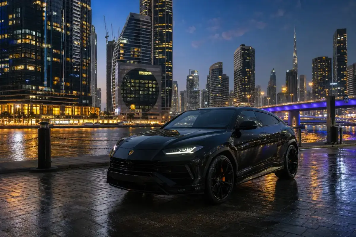 Lamborghini Urus rental Dubai guide hero with black Urus at Business Bay skyline at dusk