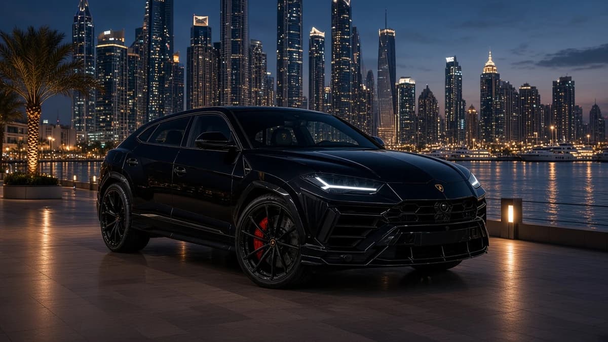 Lamborghini Urus S at Dubai Creek Harbour waterfront at blue hour for Lamborghini car rental Dubai evenings