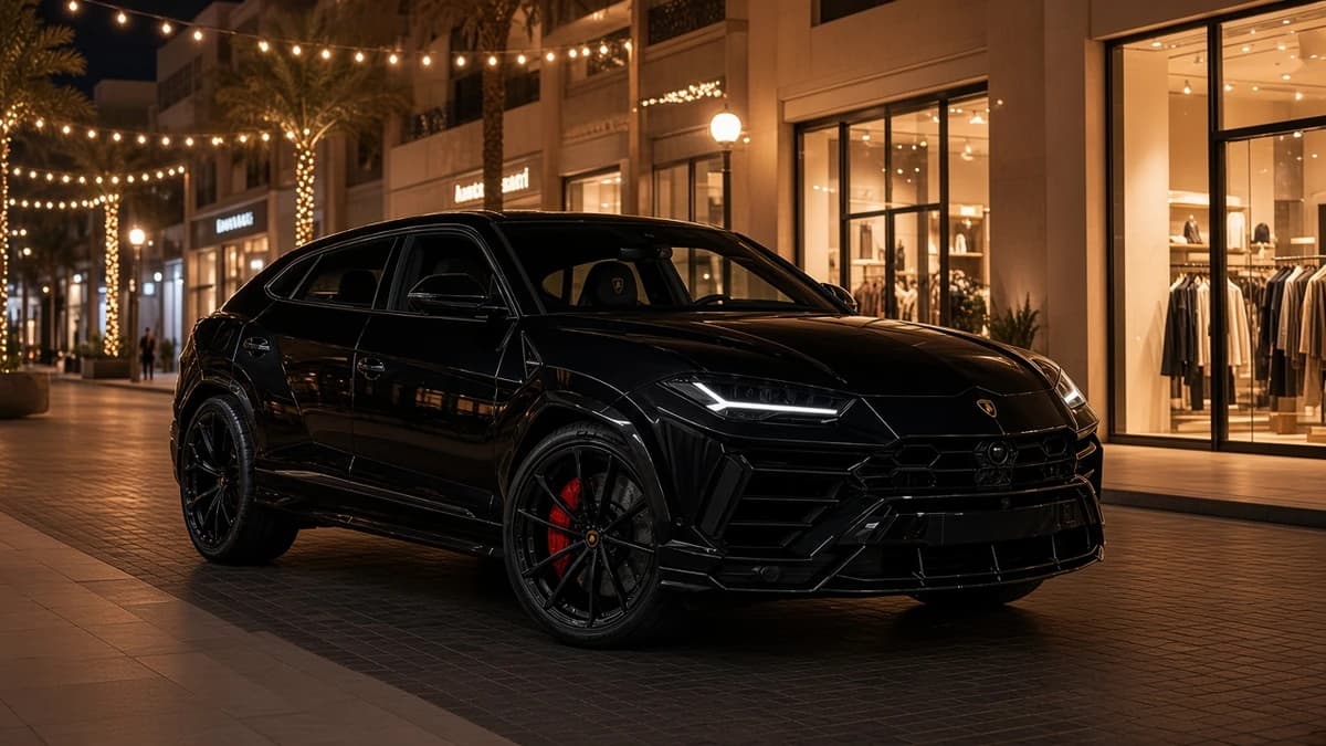 Black Lamborghini Urus S at City Walk Dubai in evening light for rent Lamborghini Urus S Dubai street plans