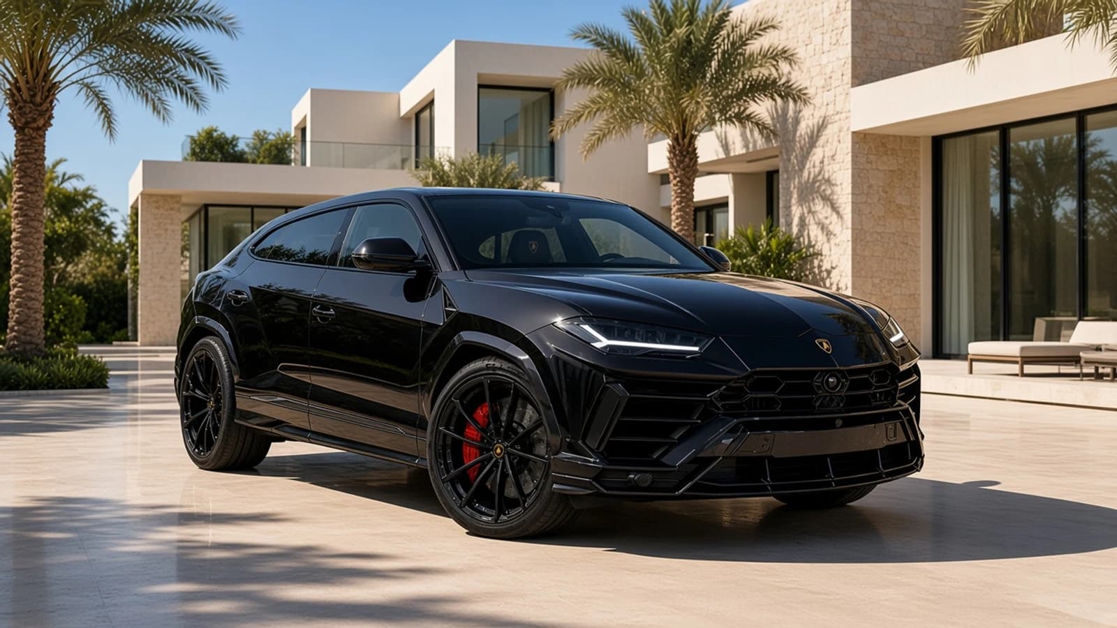 Lamborghini Urus S rental Dubai guide hero with black Urus S on a Dubai Hills villa driveway in morning light