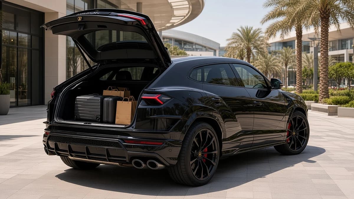 Lamborghini Urus S open hatch with rollers and shopping bags for luxury SUV rental Dubai packing