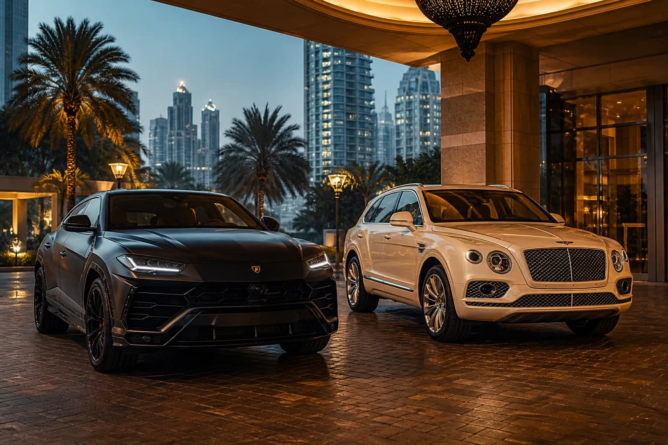 Lamborghini Urus vs Bentley Bentayga Dubai hero with both luxury SUVs at a hotel porte-cochère