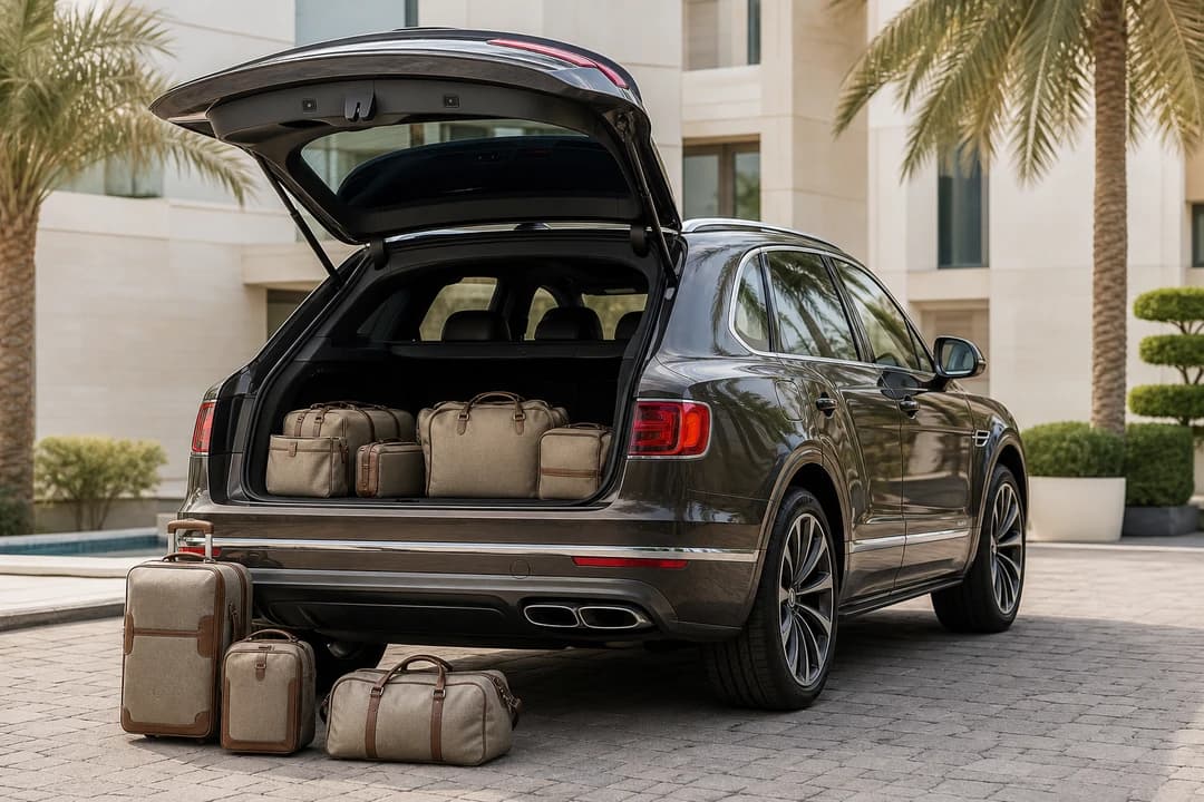 Bentley Bentayga open tailgate with soft luggage for luxury car hire Dubai packing checks