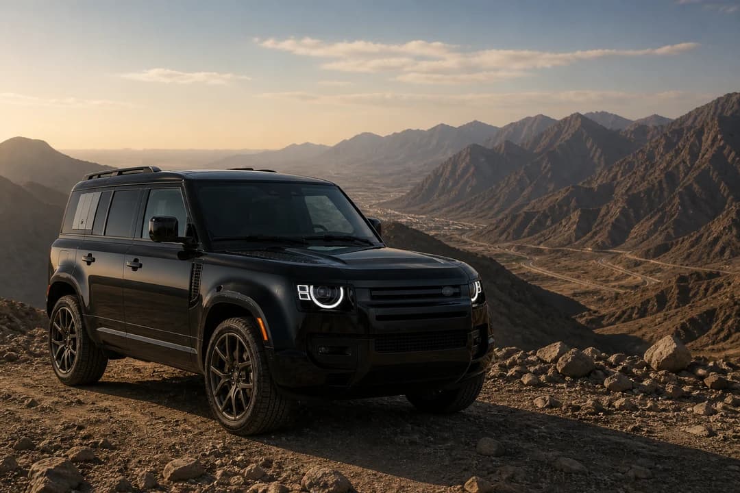 Land Rover Defender at a Hatta mountain overlook in late afternoon for exotic car rental Dubai adventure days