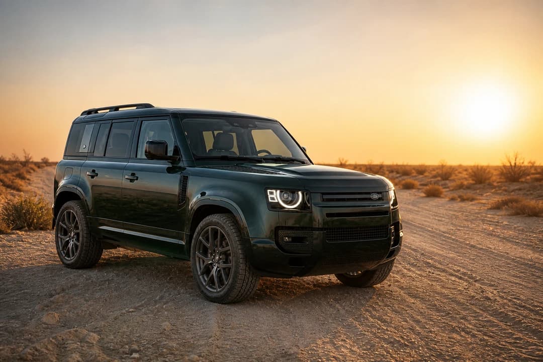 Rent Land Rover Defender Dubai: green Defender 110 on a graded Al Qudra desert road at golden hour