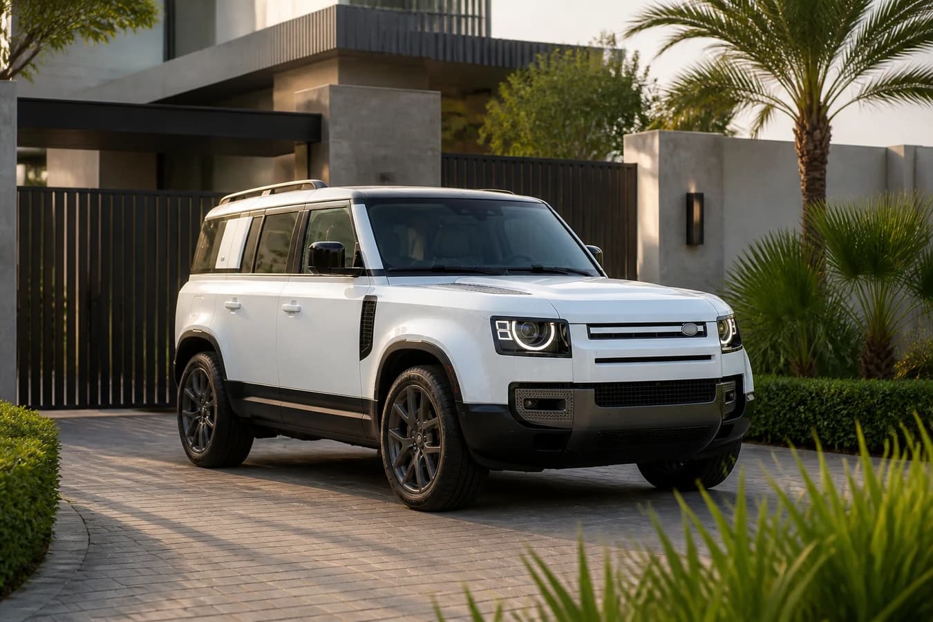 Land Rover Defender rental Dubai hero with a white Defender 110 at a Dubai Hills villa gate in morning light