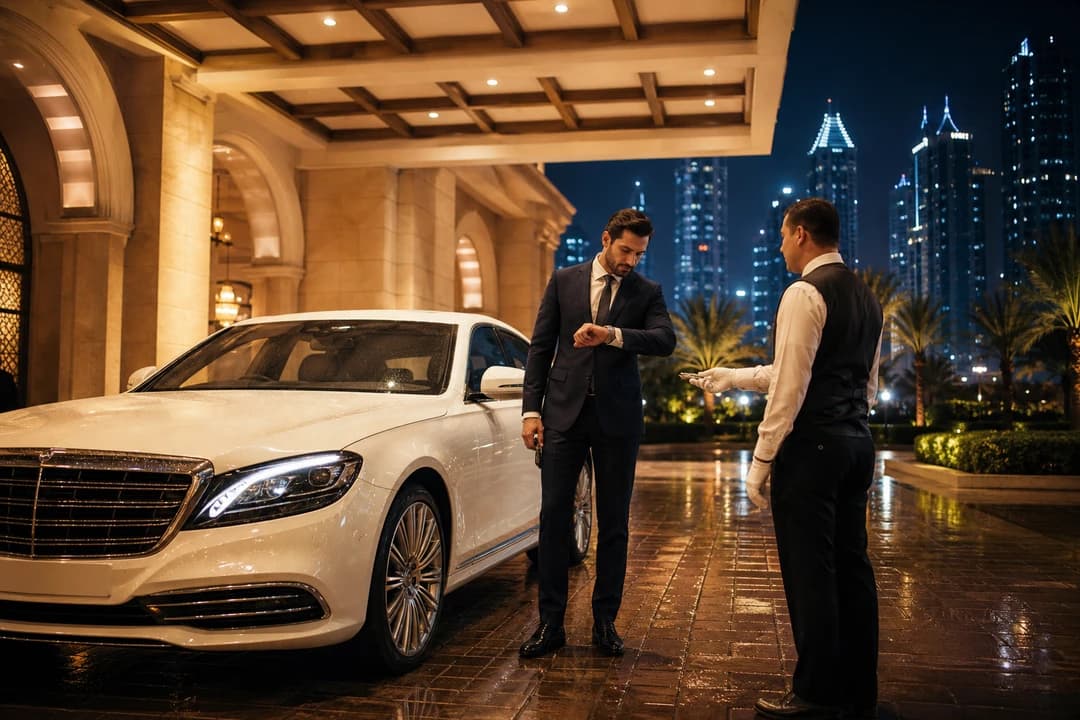 Dubai rental terms: luxury sedan at a hotel porte-cochère at night before a timed key return