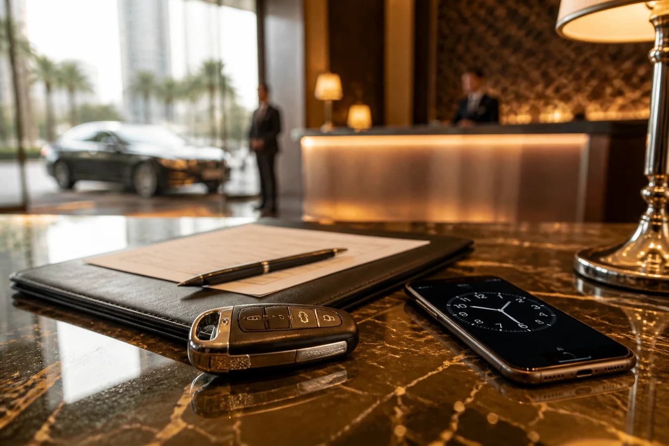 Late return fees car rental Dubai: hotel desk with key fob, agreement, and phone clock before return