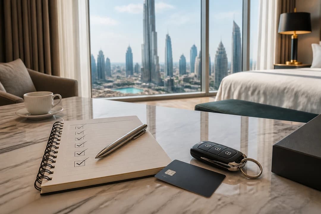 Rental deposit Dubai checklist: late return, deposit hold, and payment notes beside a luxury car key