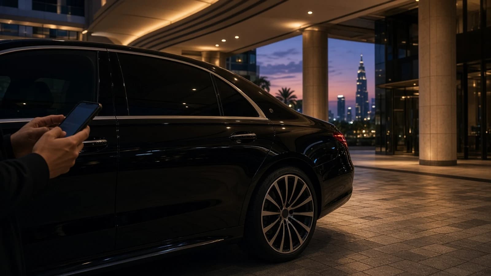 Lost keys luxury car rental Dubai: luxury hire car locked at a hotel porte-cochère with phone in hand