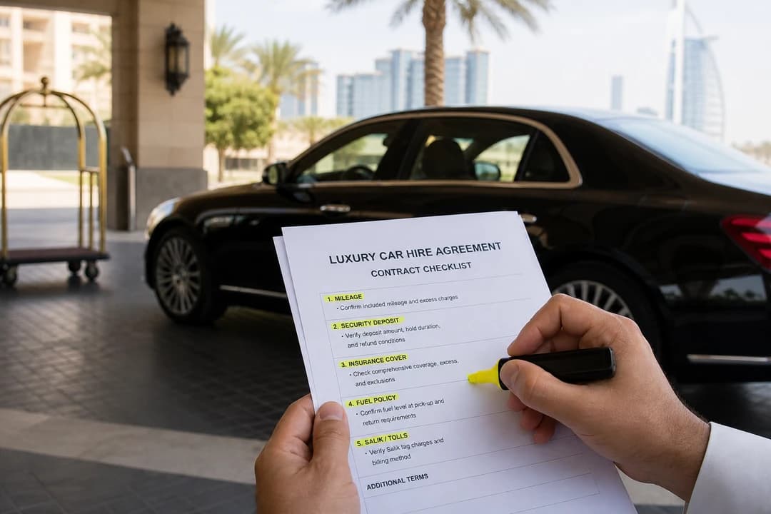 Dubai car rental guide: reviewing mileage, deposit and insurance lines beside a luxury sedan at handover