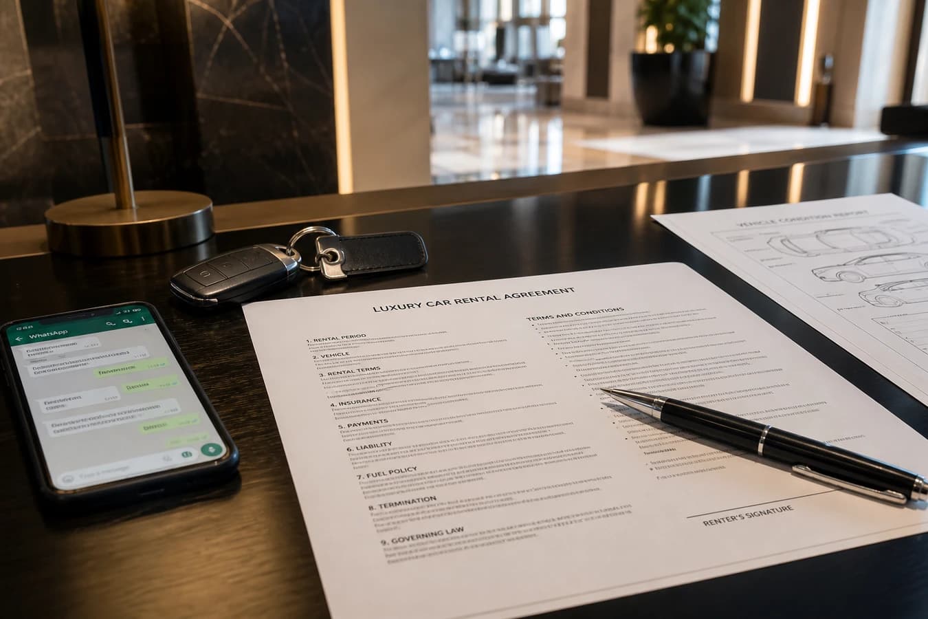 Luxury car rental agreement Dubai: hire paperwork and keys on a hotel desk before signing